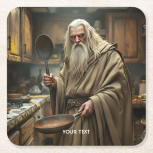 Fantasy Cute Wizard Frying Pan Square Paper Coaster
