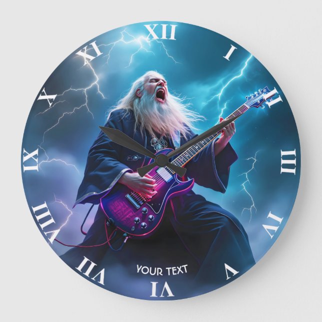 Fantasy Cute Wizard Playing Guitar Large Clock (Front)