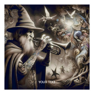 Fantasy Cute Wizard Trumpet Forest Poster