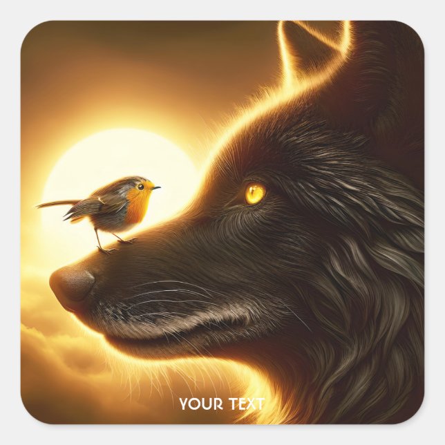 Fantasy Cute Wolf Bird Sun Square Sticker (Front)