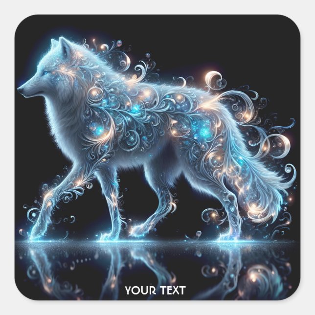 Fantasy Cute Wolf Blue Reflection Square Sticker (Front)
