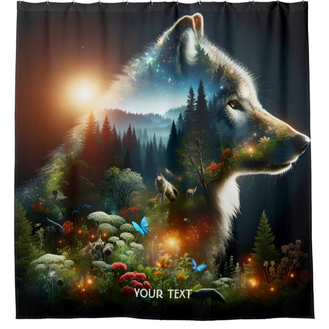 Fantasy Cute Wolf Double Exposition Shower Curtain (Front)