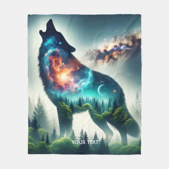 Fantasy Cute Wolf Forest Space Fleece Blanket (Front)