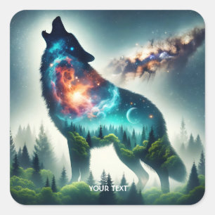 Fantasy Cute Wolf Forest Space Square Sticker