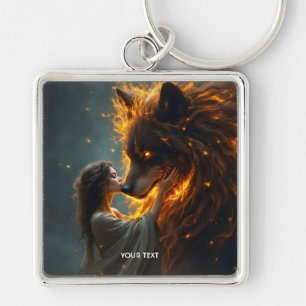 Fantasy Cute Wolf Girl Fire Key Ring