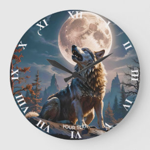 Fantasy Cute Wolf Howling To Moon Large Clock