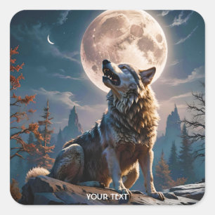 Fantasy Cute Wolf Howling To Moon Square Sticker