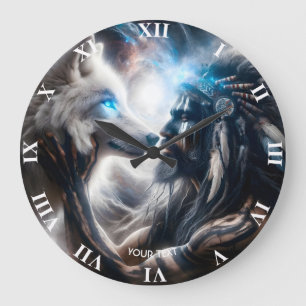 Fantasy Cute Wolf Tribal Man Large Clock
