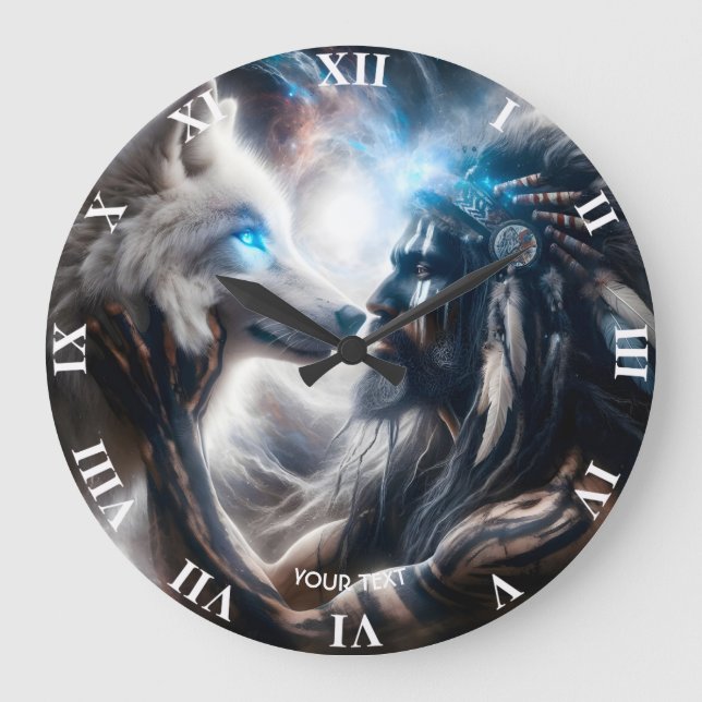 Fantasy Cute Wolf Tribal Man Large Clock (Front)
