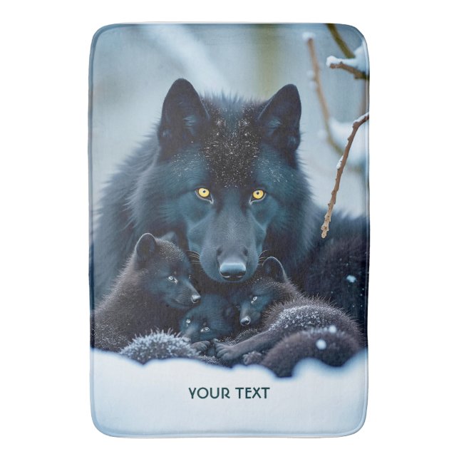 Fantasy Cute Wolf Two Pups Bath Mat (Front Vertical)