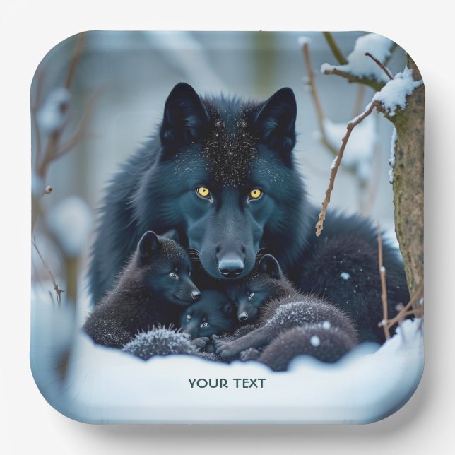 Fantasy Cute Wolf Two Pups Paper Plate (Front)