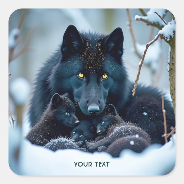 Fantasy Cute Wolf Two Pups Square Sticker (Front)