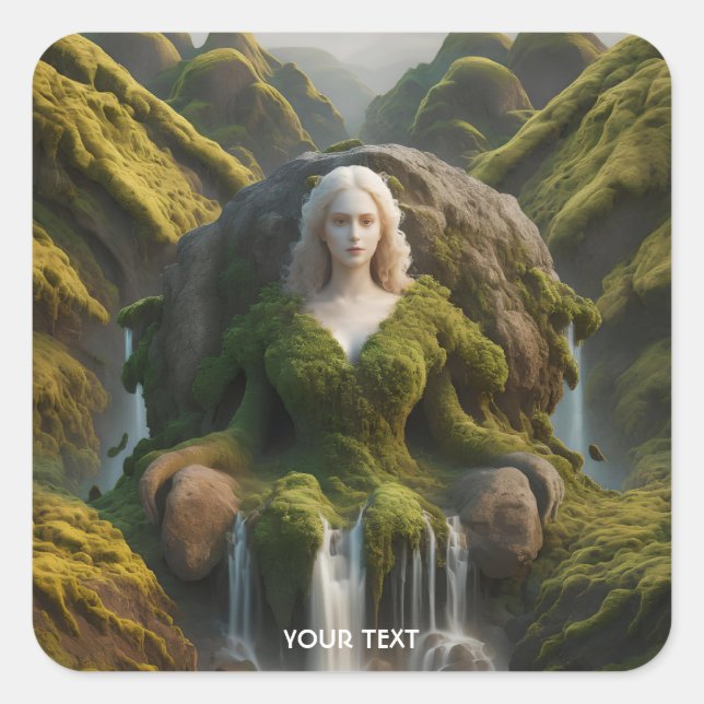 Fantasy Cute Woman Moss Waterfall Square Sticker (Front)