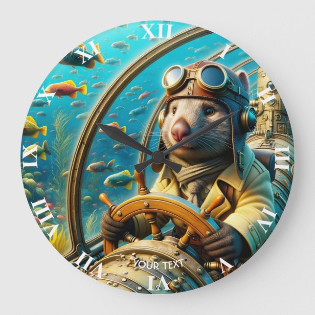 Fantasy Cute Wombat Pilot Underwater Large Clock (Front)