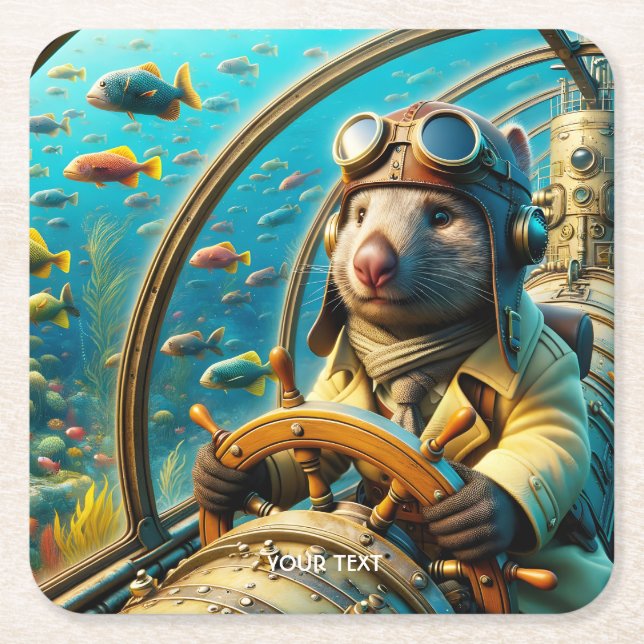 Fantasy Cute Wombat Pilot Underwater Square Paper Coaster (Front)