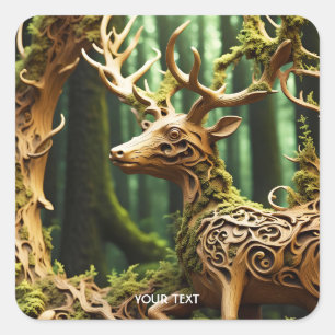 Fantasy Cute Wooden Carving Deer Square Sticker