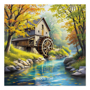 Fantasy Cute Wooden Watermill River Poster