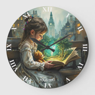 Fantasy Cute Young Girl Reading Large Clock
