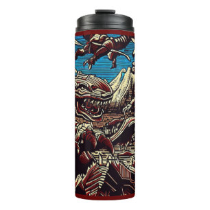 Fantasy Dinosaur Robots Anime - Woodcut 2 Thermal Tumbler