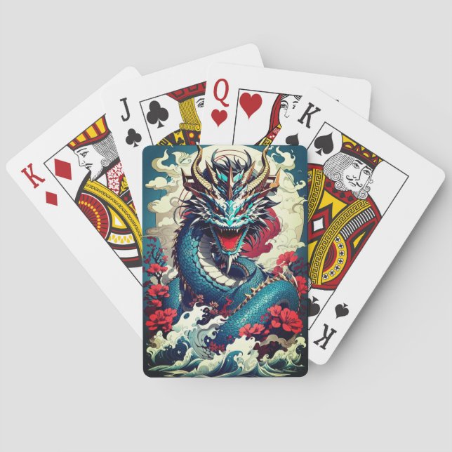 Fantasy Dragon And Red Flowers Playing Cards (Back)
