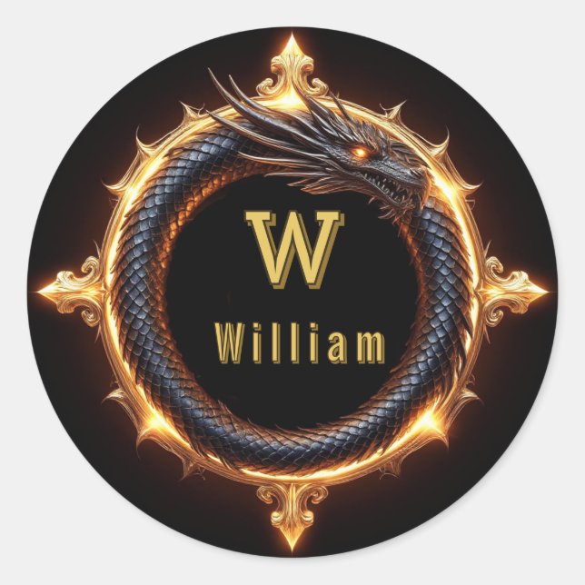 ✨ Fantasy Dragon Custom Name Ring Classic Round Sticker (Front)
