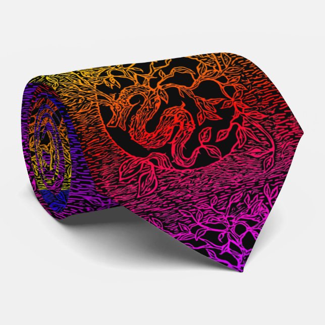 Fantasy Dragon in Colourful Rainbow Hues on Black Tie (Rolled)