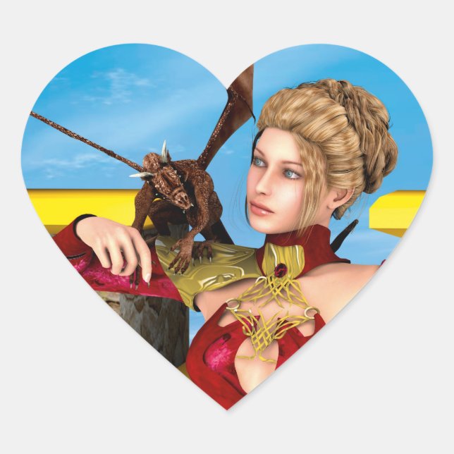 Fantasy Dragon Princess Digital Art Heart Sticker (Front)