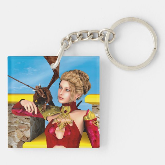 Fantasy Dragon Princess Digital Art Key Ring (Back)