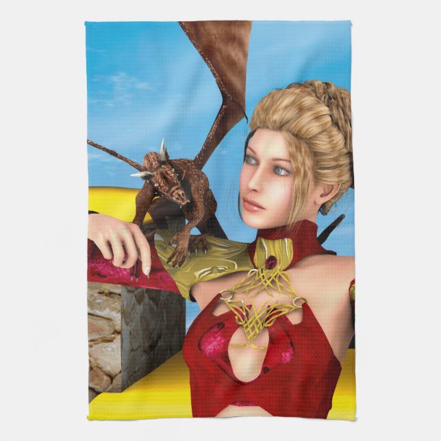 Fantasy Dragon Princess Digital Art Tea Towel (Vertical)