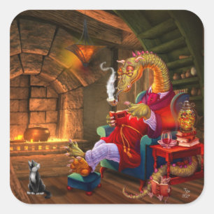 Fantasy Dragon Reading By The Fireplace Square Sticker