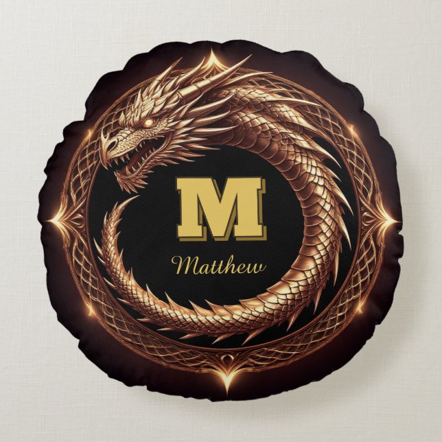 🐉 Fantasy Dragon Ring Frame Custom Initial Badge  Round Cushion (Front)