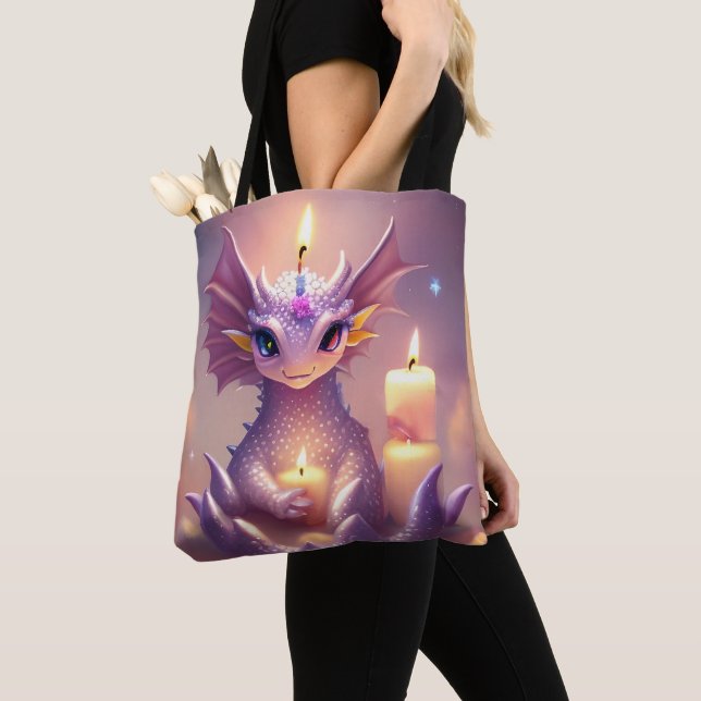 Fantasy Dragon with Birthday Candles Tote Bag (Close Up)