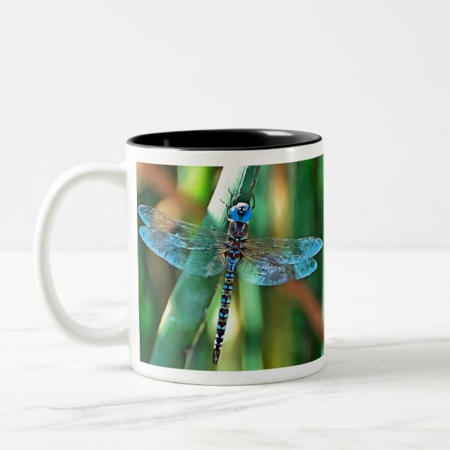 Fantasy Dragonfly In Turquoise and Black Two-Tone Coffee Mug (Left)