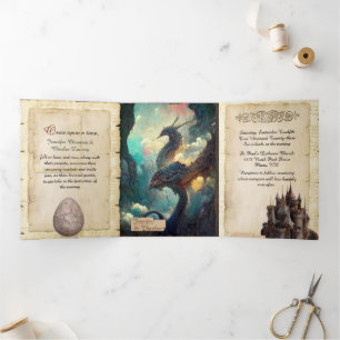 Fantasy Dragons and Castle Fairytale Wedding Tri-Fold Invitation