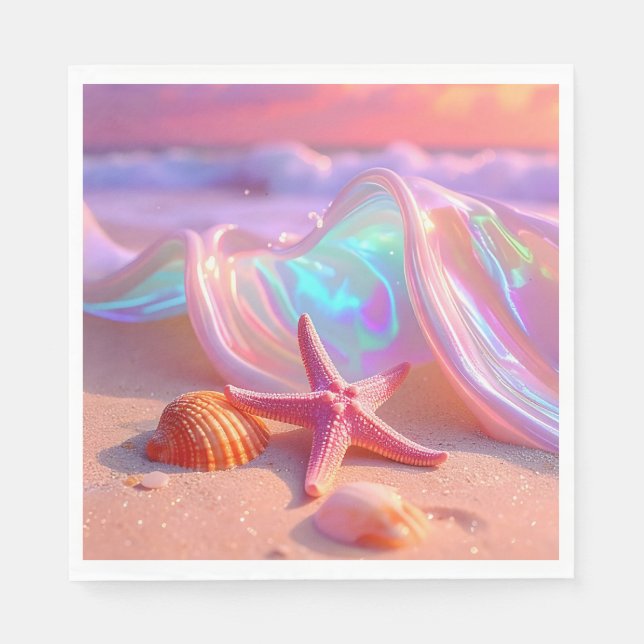 Fantasy Dream Beach With Beautiful Pink Starfish  Napkin (Front)