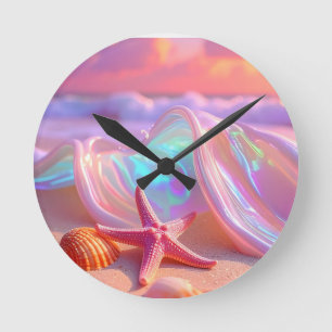 Fantasy Dream Beach With Beautiful Pink Starfish  Round Clock