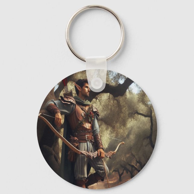 Fantasy Elf Archer Resting in Enchanted Oak Forest Key Ring (Front)