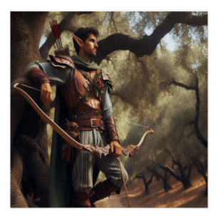 Fantasy Elf Archer Resting in Enchanted Oak Forest Poster