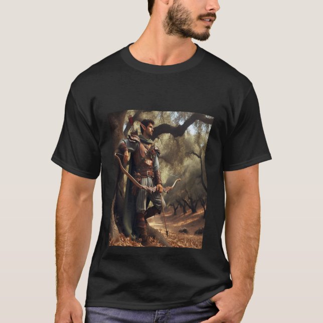 Fantasy Elf Archer Resting in Enchanted Oak Forest T-Shirt (Front)