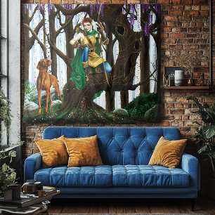 Fantasy Elf Archer Vizsla Dog Enchanted Forest Tapestry