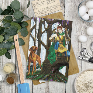 Fantasy Elf Archer Vizsla Dog Enchanted Forest Tea Towel