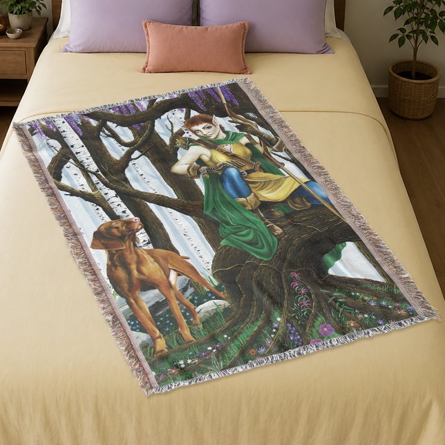 Fantasy Elf Archer Vizsla Dog Enchanted Forest Throw Blanket (Creator Uploaded)
