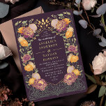 Fantasy Enchanted Floral Garden Wedding Invitation<br><div class="desc">This elegant, whimsical, Fantasy Enchanted Floral Garden design is perfect for an enchanted forest-themed celebration or a garden party. This design features purple and orange floral elements in a frame of green leaves and gold accents against a purple background. Matching items in our shop for a complete party theme. The...</div>