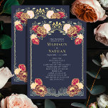 Fantasy Enchanted Floral Garden Wedding Program Programme<br><div class="desc">This elegant, whimsical, Fantasy Enchanted Floral Garden design is perfect for an enchanted forest-themed celebration or a garden party. This design features red and pink floral elements in a frame of green leaves and gold accents against a blue background. Matching items in our shop for a complete party theme. The...</div>
