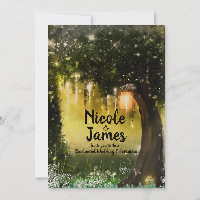Fantasy Enchanted Green Sparkle Forest Wedding Invitation (Front)