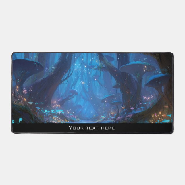Fantasy Enchanted Magical Mushroom Forest Blue Desk Mat (Front)