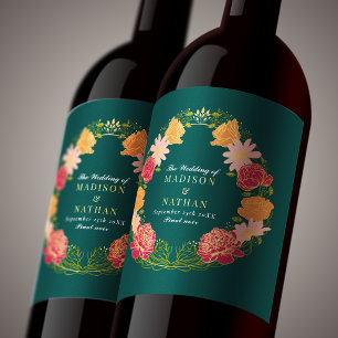 Fantasy Enchanted Orange Pink Floral Wedding  Wine Label