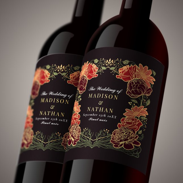 Fantasy Enchanted Red Floral Wedding  Wine Label (Creator Uploaded)