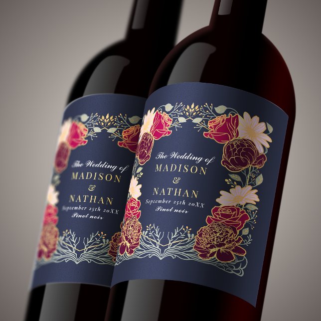 Fantasy Enchanted Red & Pink Floral Wedding  Wine Label (Creator Uploaded)