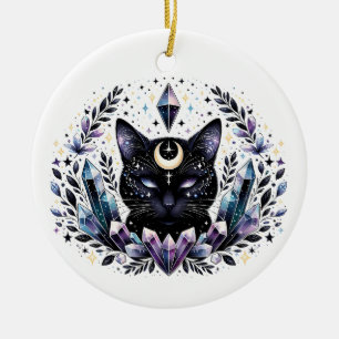 Fantasy Esoteric Crystal Black Cat Ceramic Tree Decoration